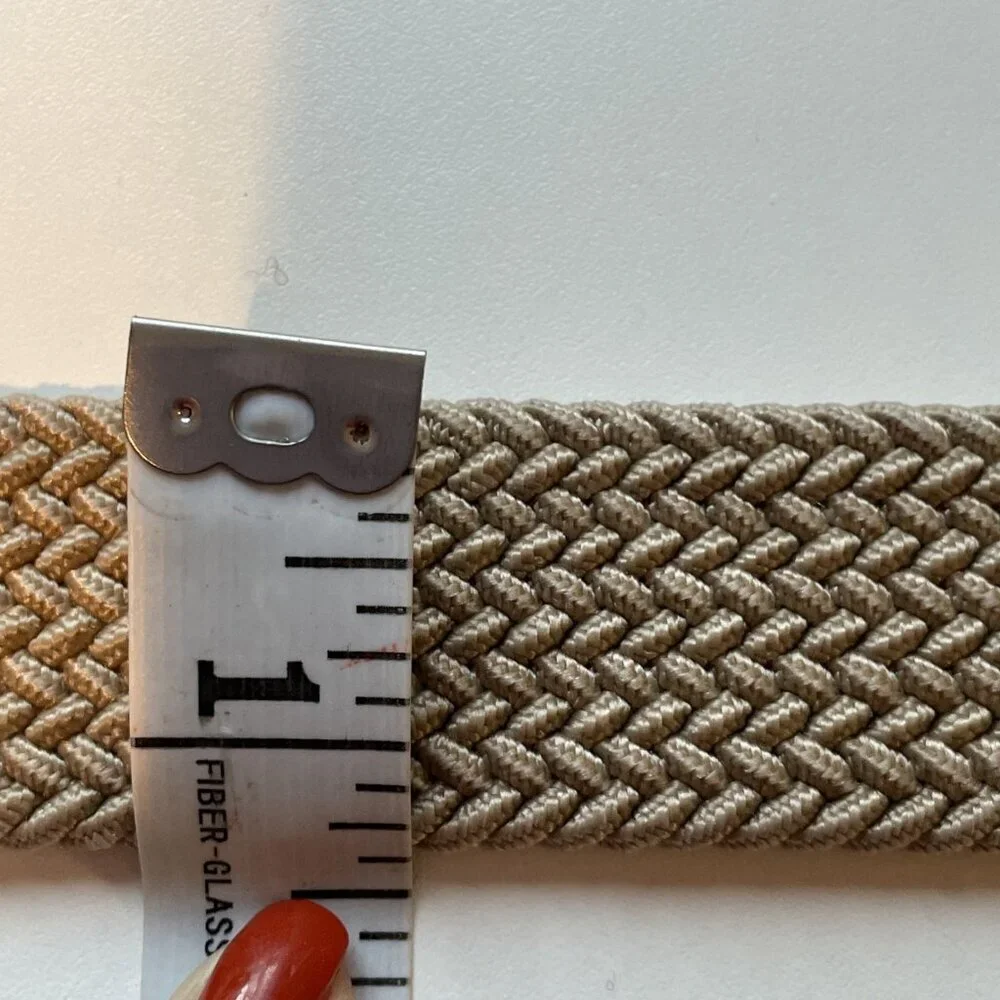 Vintage Cotton Rope Braided Belt Faux Leather Trim Men's XL Beige Metal Buckle